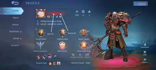 Mobile Legends profil ekranında kullanıcı ID ve Zone ID'nin yeri